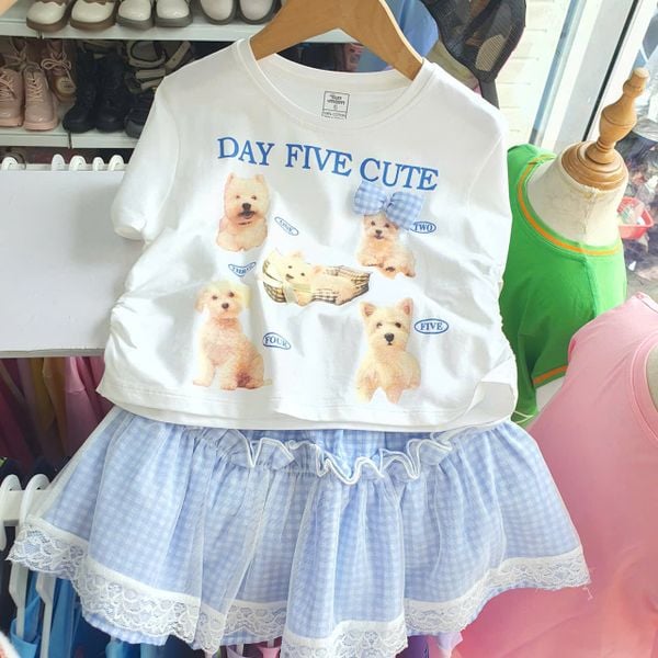  S104 _ Set váy bé gái phối ren mềm mại họa tiết dễ thương _ Beekids 
