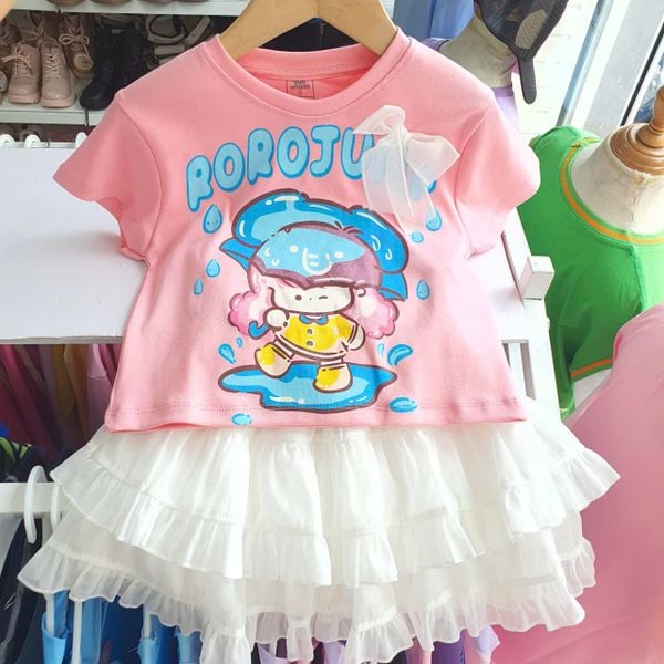  S104 _ Set váy bé gái phối ren mềm mại họa tiết dễ thương _ Beekids 