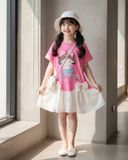  D61 _ Đầm thun bé gái lai phối voan đính 2 nơ xinh xắn _ Beekids 