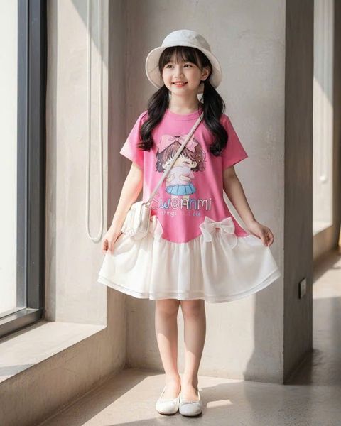  D61 _ Đầm thun bé gái lai phối voan đính 2 nơ xinh xắn _ Beekids 