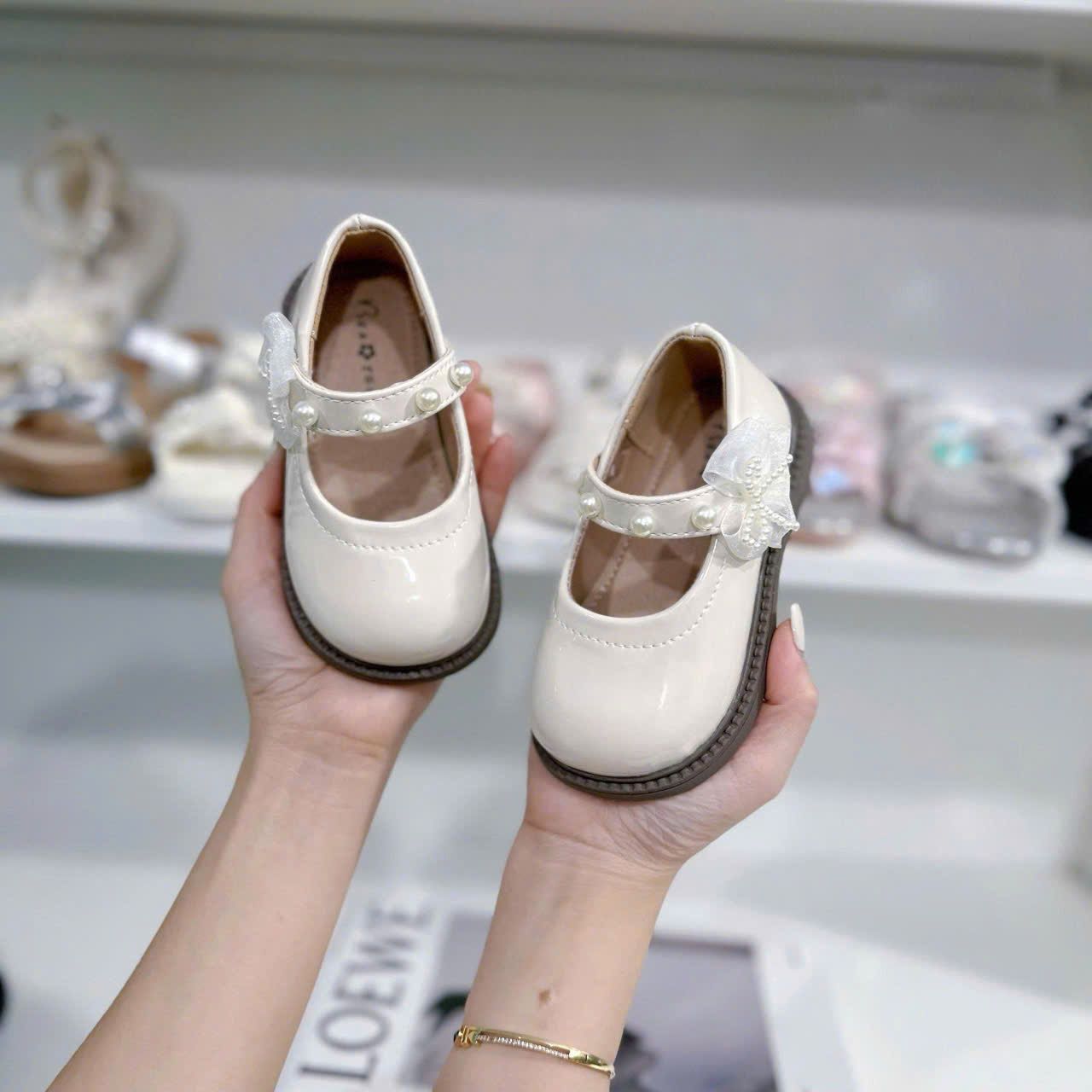  GI31 _ Giày búp bê da mềm quai đính ngọc trai đính nơ xinh xắn _ Beekids 