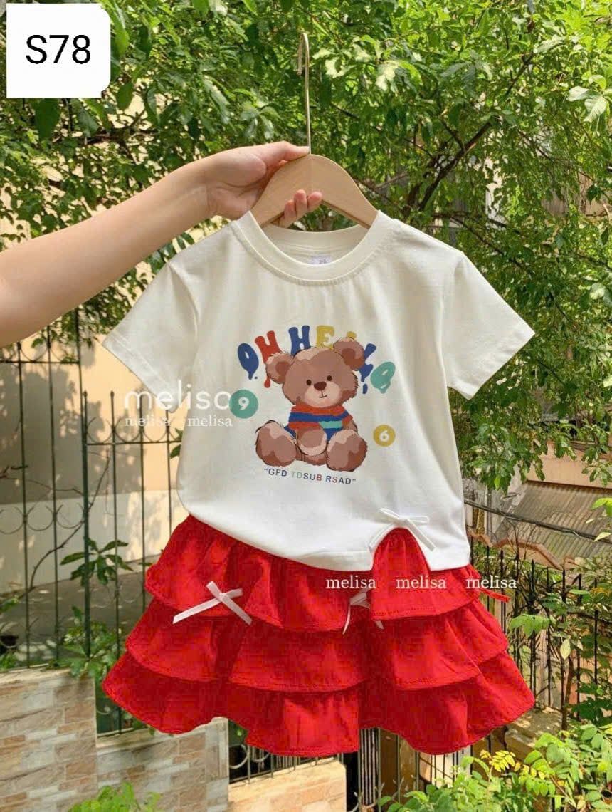  S78 _ Set áo váy bé gái áo in họa tiết gấu đính nơ xinh xắn đẹp mê ly _ Beekids 