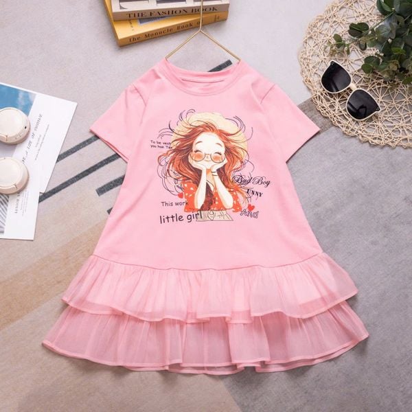  D63 _ Đầm thun bé gái lai phối voan 2 tầng xinh xắn _ Beekids 