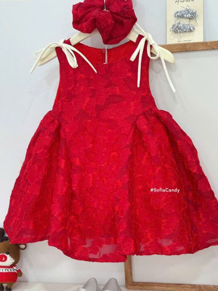  D52 _ Đầm công chúa đỏ kết nơ vai xinh xắn điệu đà _ Beekids 