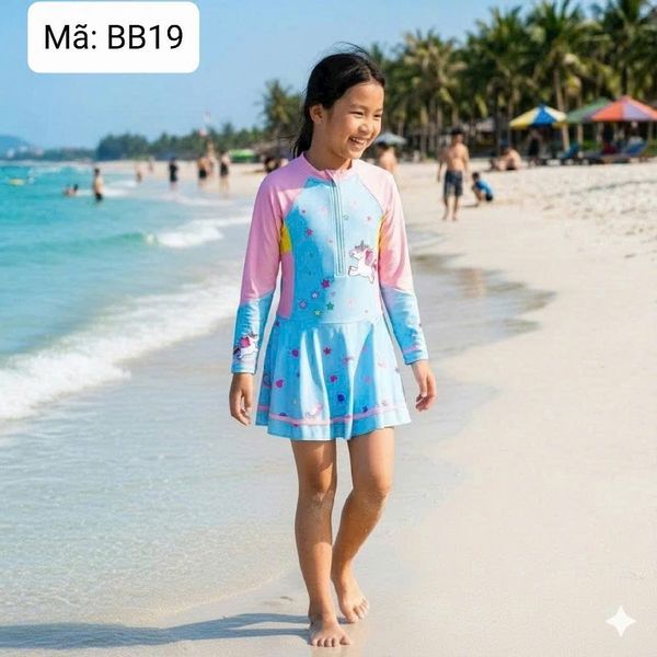  BB19 _ Đồ bơi liền thân tay dài cho bé gái dáng váy họa tiết hoạt hình dễ thương _ Beekids 