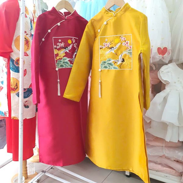  AD16 _ Áo dài bé trai thêu chim hạc hoa sen cho bé mặc tết _ Beekids 