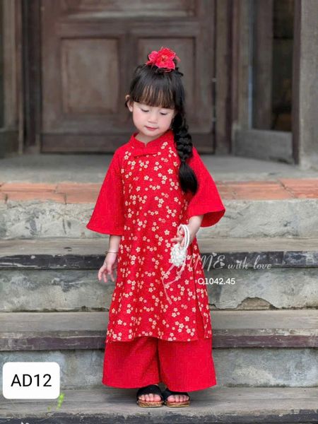  AD12 _ Bộ áo dài Tết cho bé gái tông màu đỏ truyền thống họa tiết hoa nhí đáng yêu _ Beekids 