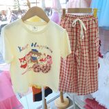  S91 _ Set bé gái quần dài ống suông caro phối áo thun họa tiết xinh xắn _ Beekids 