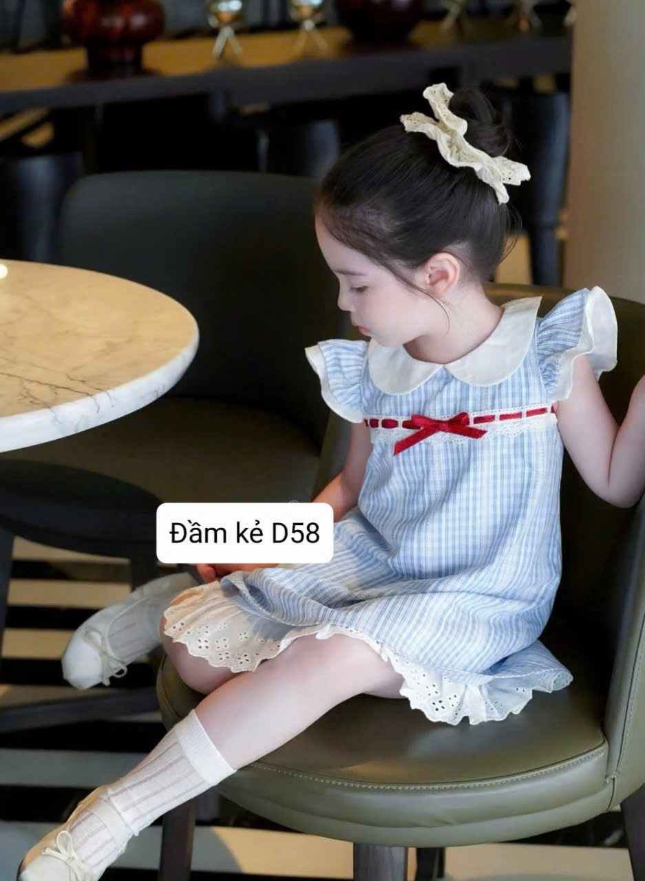  D58 _ Đầm kẻ chữ A phối ren thêu xinh xắn gam màu xanh nhẹ nhàng đáng yêu _ Beekids 