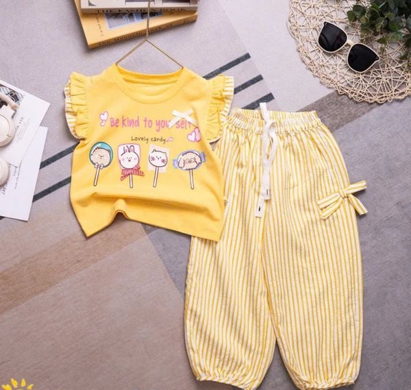  S96 _ Set bé gái quần dài sọc bo lai phối áo tay cánh tiên 2 lai duyên dáng dễ thương _ Beekids 