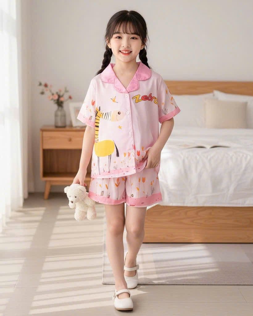  DB60 _ Bộ pijama đùi cho bé gái chất lụa latin mềm mịn hoạ tiết hươu cao cổ dễ thương _ Beekids 