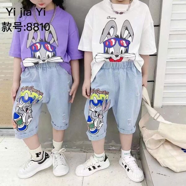 S69 _ Set áo thun quần jean lửng họa tiết hoạt hình cho bé trai và bé gái _ Beekids 