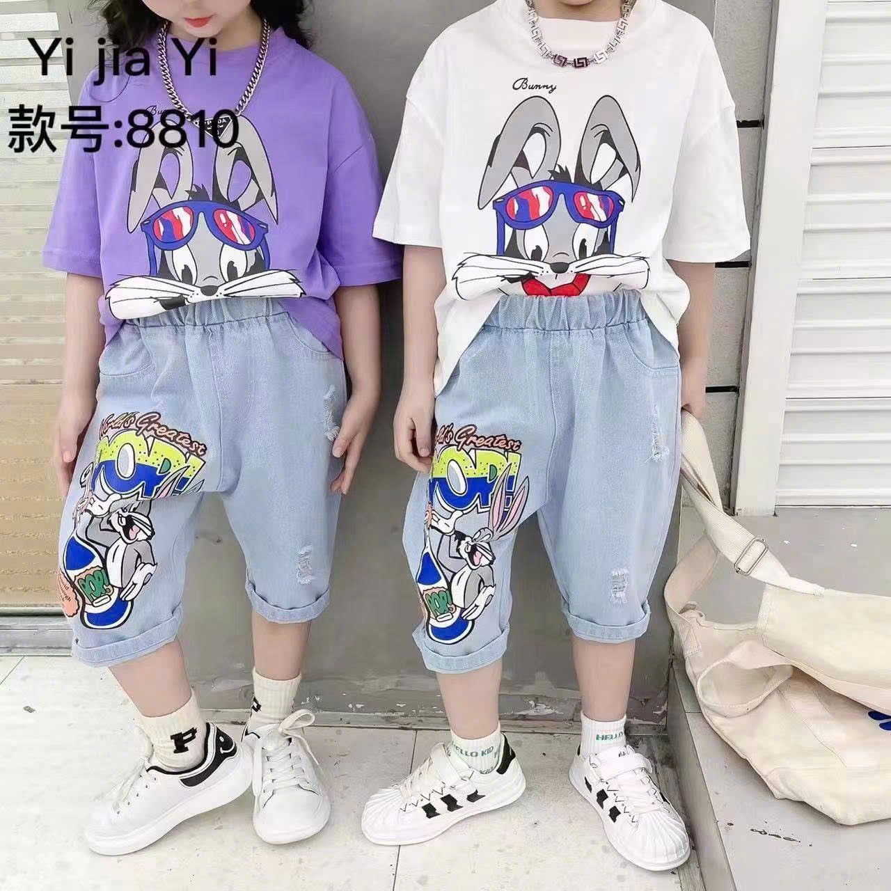  S69 _ Set áo thun quần jean lửng họa tiết hoạt hình cho bé trai và bé gái _ Beekids 