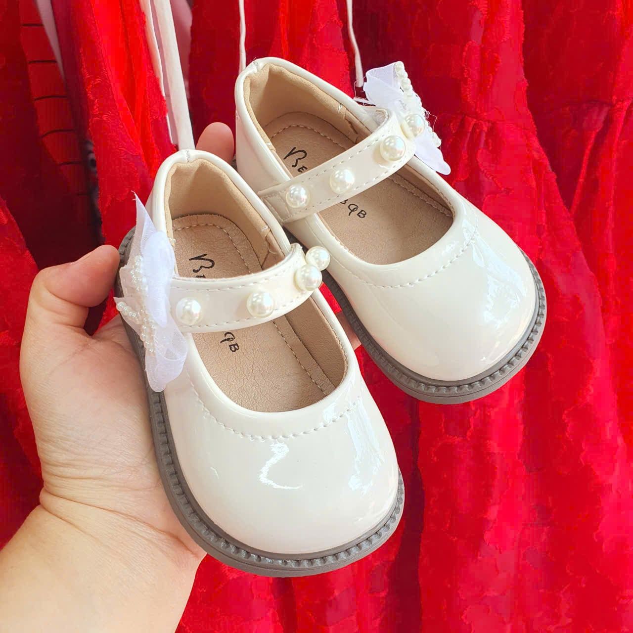  GI31 _ Giày búp bê da mềm quai đính ngọc trai đính nơ xinh xắn _ Beekids 