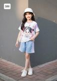  S88 _ Set bé gái áo thun họa biết cô gái ôm đào đính nơ phối quần short jean mềm mại co giãn _ Beekids 