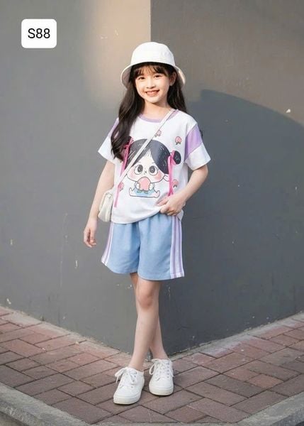  S88 _ Set bé gái áo thun họa biết cô gái ôm đào đính nơ phối quần short jean mềm mại co giãn _ Beekids 