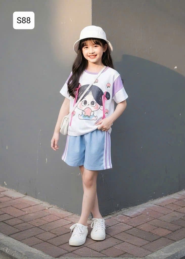 S88 _ Set bé gái áo thun họa biết cô gái ôm đào đính nơ phối quần short jean mềm mại co giãn _ Beekids 