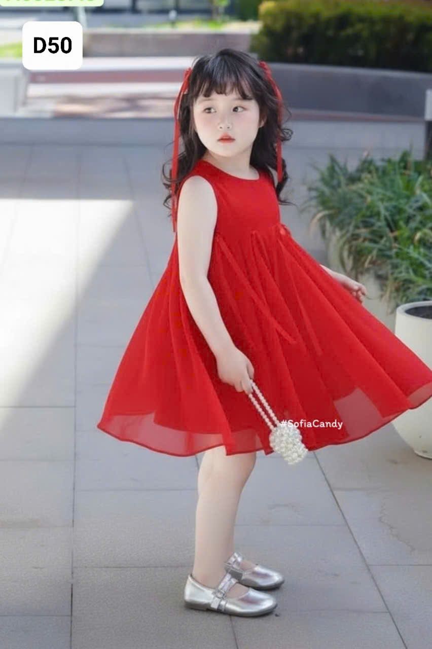  D50 _ Đầm đỏ dáng xòe đính nơ xinh cho bé mặc Noel, lễ tết _ Beekids 