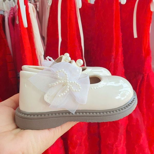  GI31 _ Giày búp bê da mềm quai đính ngọc trai đính nơ xinh xắn _ Beekids 