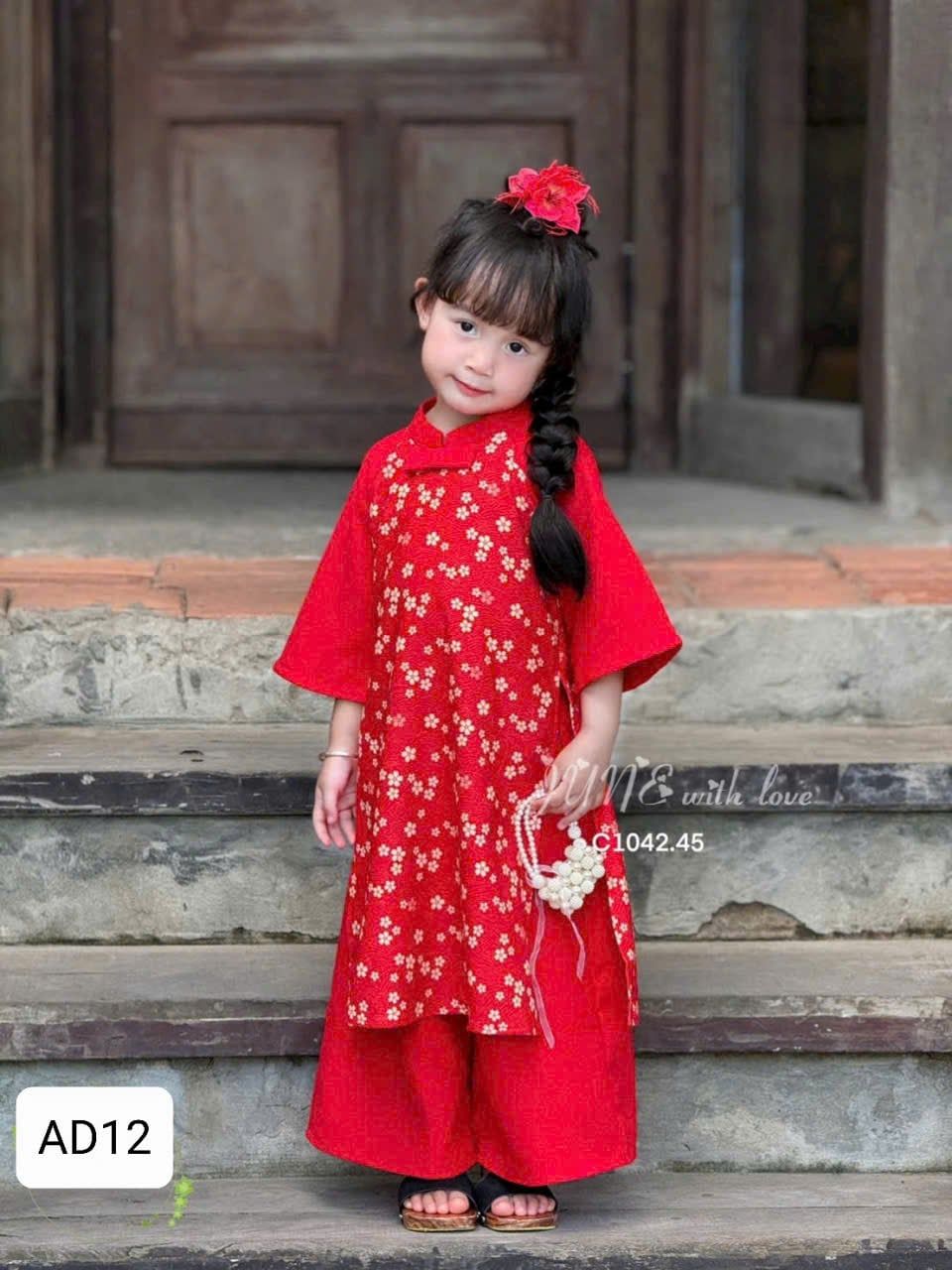  AD12 _ Bộ áo dài Tết cho bé gái tông màu đỏ truyền thống họa tiết hoa nhí đáng yêu _ Beekids 
