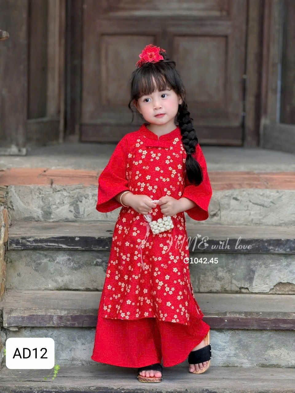  AD12 _ Bộ áo dài Tết cho bé gái tông màu đỏ truyền thống họa tiết hoa nhí đáng yêu _ Beekids 