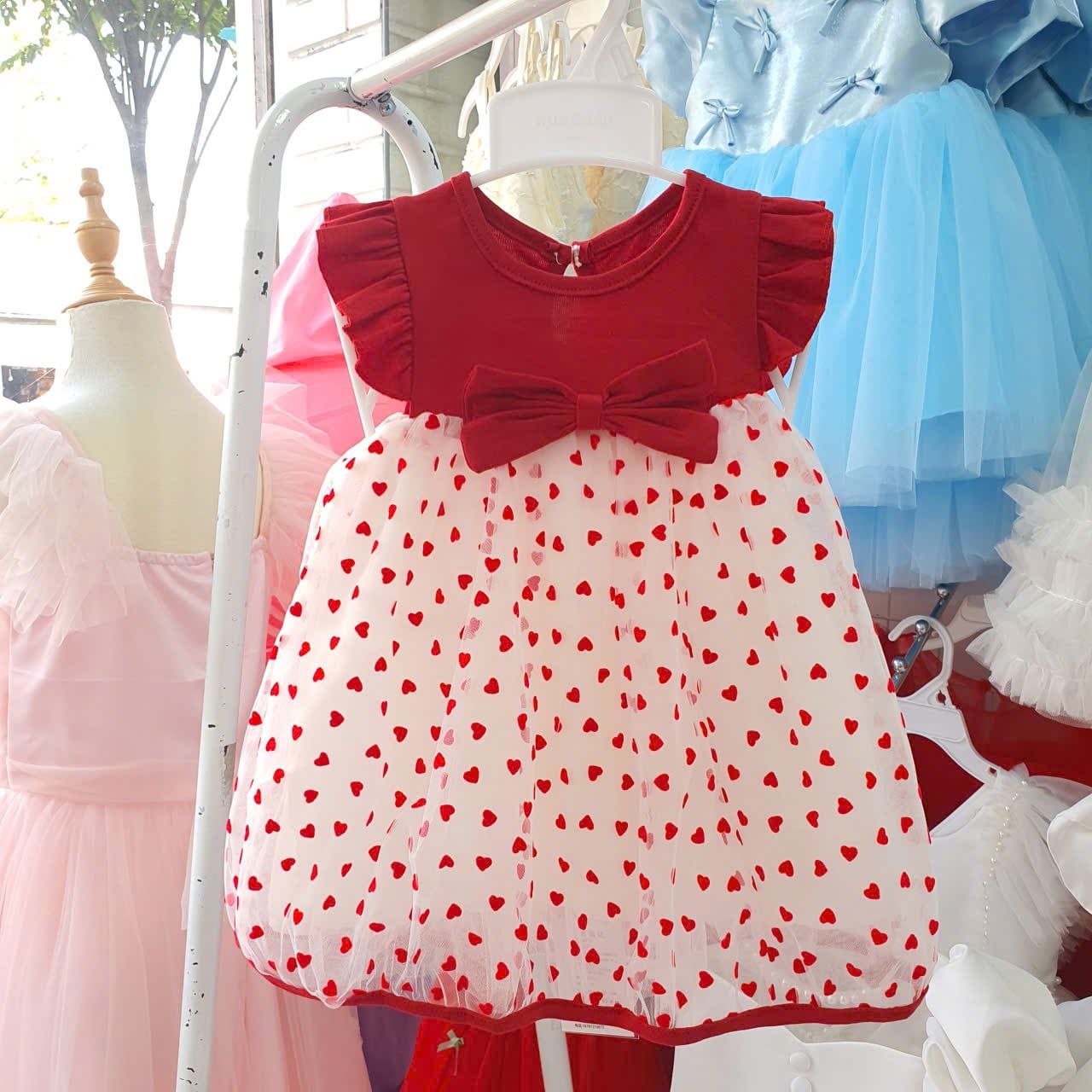  D53 _ Váy đầm bé gái thun cotton tay cánh tiên phối lưới hình trái tim mềm mịn _ Beekids 