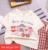  S91 _ Set bé gái quần dài ống suông caro phối áo thun họa tiết xinh xắn _ Beekids 