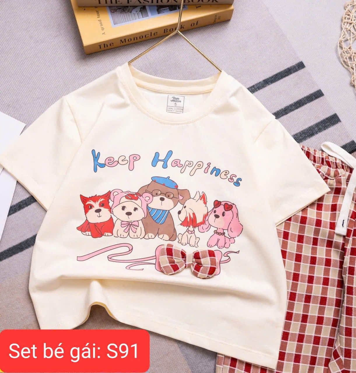  S91 _ Set bé gái quần dài ống suông caro phối áo thun họa tiết xinh xắn _ Beekids 