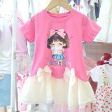  D61 _ Đầm thun bé gái lai phối voan đính 2 nơ xinh xắn _ Beekids 