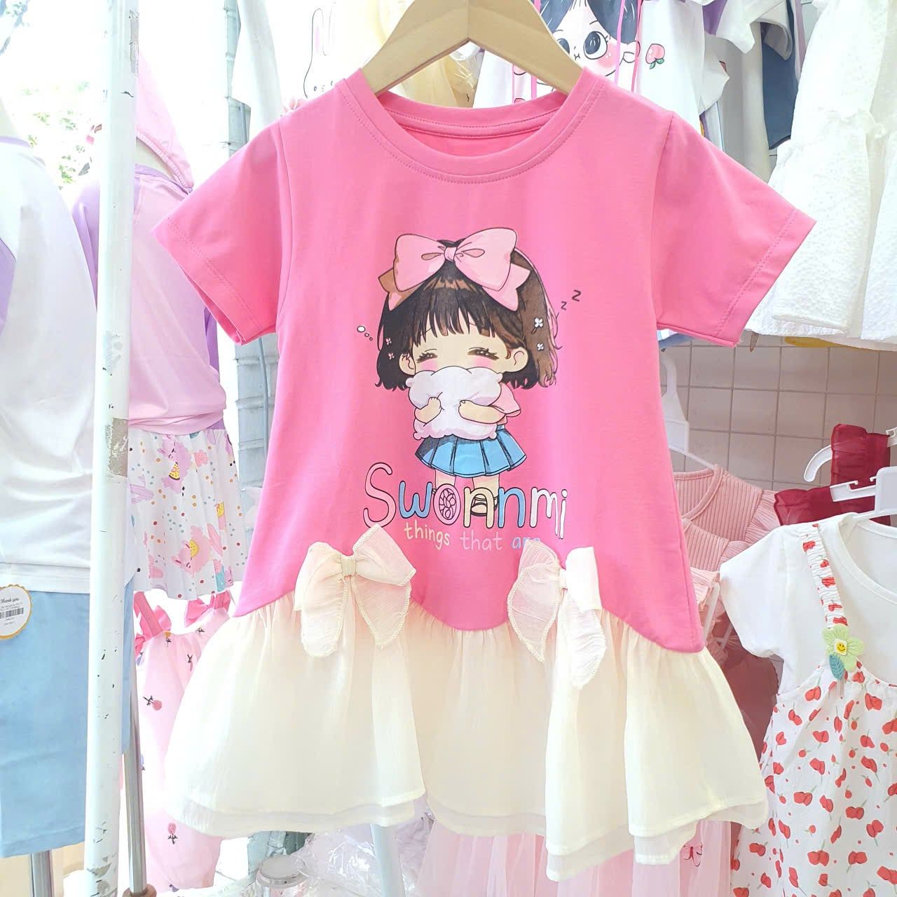  D61 _ Đầm thun bé gái lai phối voan đính 2 nơ xinh xắn _ Beekids 