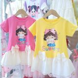  D61 _ Đầm thun bé gái lai phối voan đính 2 nơ xinh xắn _ Beekids 