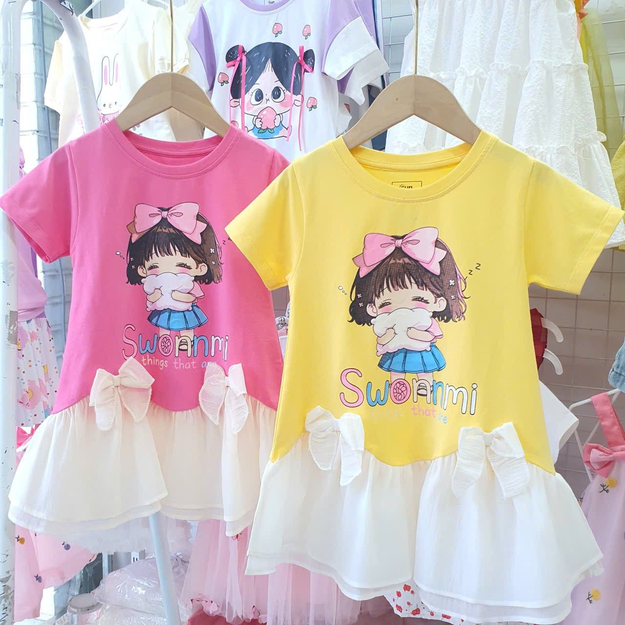  D61 _ Đầm thun bé gái lai phối voan đính 2 nơ xinh xắn _ Beekids 