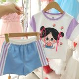  S88 _ Set bé gái áo thun họa biết cô gái ôm đào đính nơ phối quần short jean mềm mại co giãn _ Beekids 