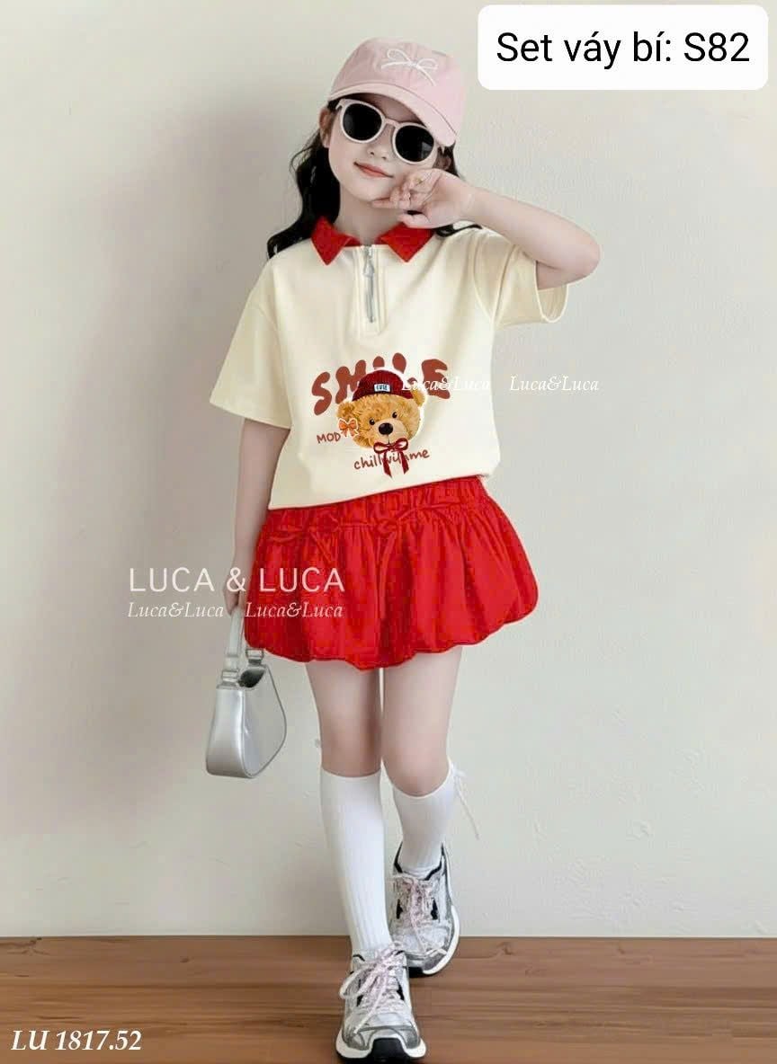  S82 _ Set áo cổ polo họa tiết gấu phối chân váy bí xinh xắn đáng yêu _ Beekids 