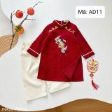  AD11 _ Bộ áo dài bé trai thêu hình chim hạc chất nhung tăm mềm mịn _ Beekids 