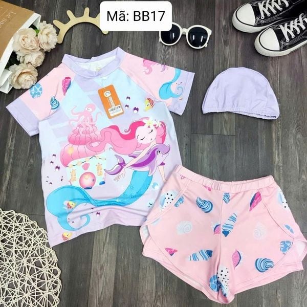  BB17 _ Đồ bơi bé gái ngắn tay quần đùi 2 lớp họa tiết nàng tiên cá dễ thương _ Beekids 