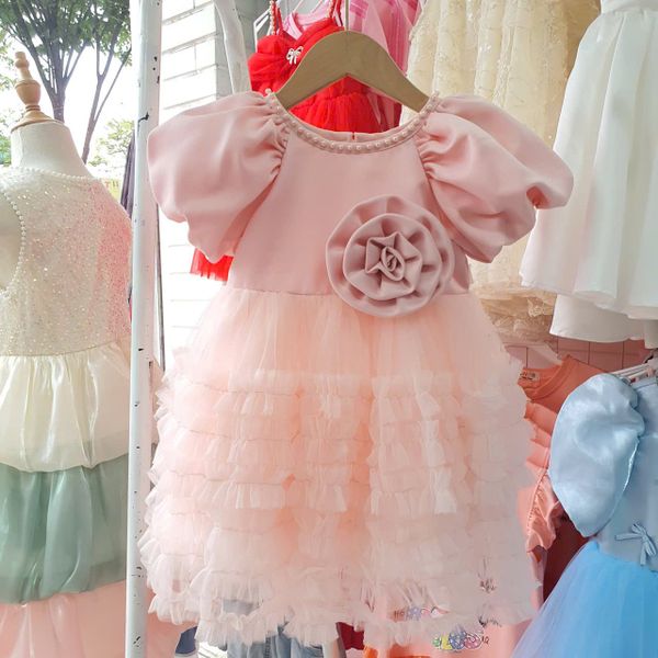  CC14 _ Đầm công chúa thiết kế cho bé mặc đi lễ tiệc cổ đính ngọc trai nơ hoa to ngang eo_ Beekids 