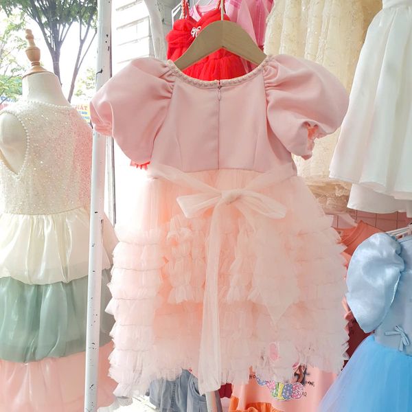  CC14 _ Đầm công chúa thiết kế cho bé mặc đi lễ tiệc cổ đính ngọc trai nơ hoa to ngang eo_ Beekids 