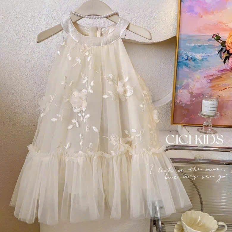  CC16 _ Đầm công chúa dáng cổ yếm thêu hoa nổi tinh tế phong cách tiểu thư sang chảnh _ Beekids 