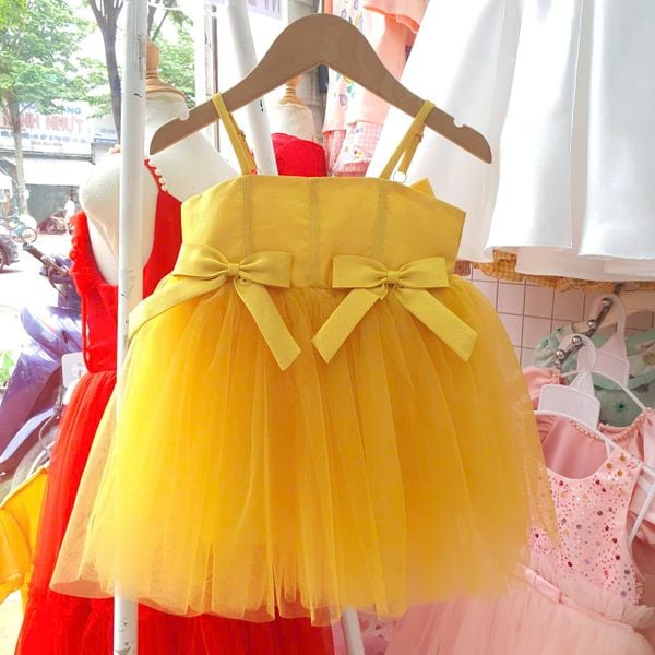  CC20 _ Đầm công chúa thiết kế 2 dây đính nơ 2 bên điệu đà cho bé mặc đi lễ tiệc_ Beekids 