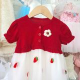  D49 _ Đầm công chúa bé gái màu đỏ đính nơ thêu hình trái dâu xinh xắn _ Beekids 