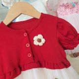  D49 _ Đầm công chúa bé gái màu đỏ đính nơ thêu hình trái dâu xinh xắn _ Beekids 