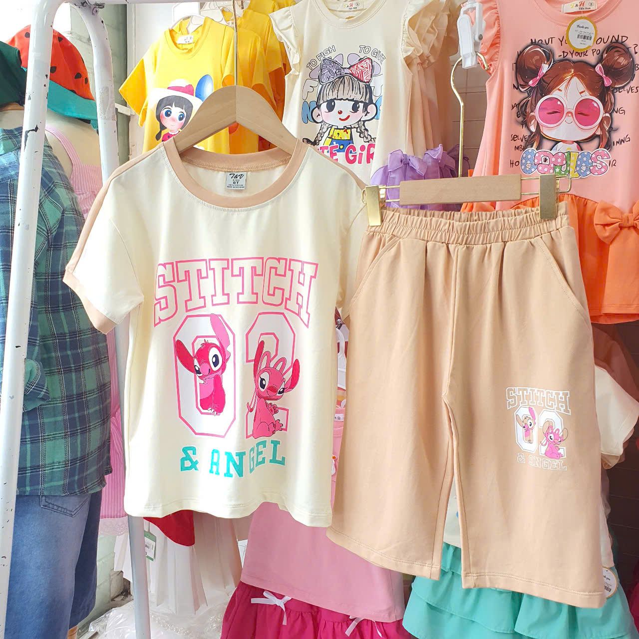  DB47 _ Đồ bộ lửng cotton cho mẹ và bé họa tiết gấu bông Stitch xinh xắn _ Beekids 