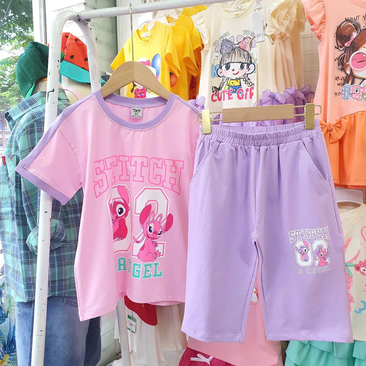  DB47 _ Đồ bộ lửng cotton cho mẹ và bé họa tiết gấu bông Stitch xinh xắn _ Beekids 