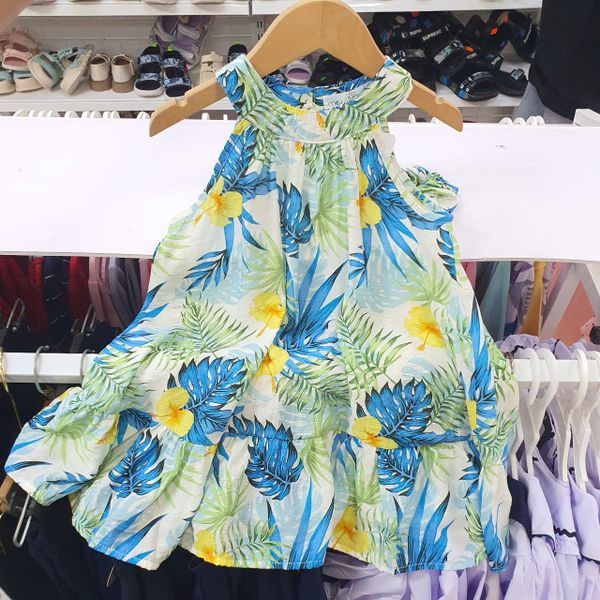  D39 _ Đầm hè bé gái cổ yếm chất vải nhẹ thoáng mát họa tiết hoa lá đáng yêu _ Beekids 