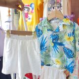  S43 _ Set bé trai mặc đi biển, đi du lịch áo sơ mi hoạ tiết hoa lá phối quần ngắn _ Beekids 