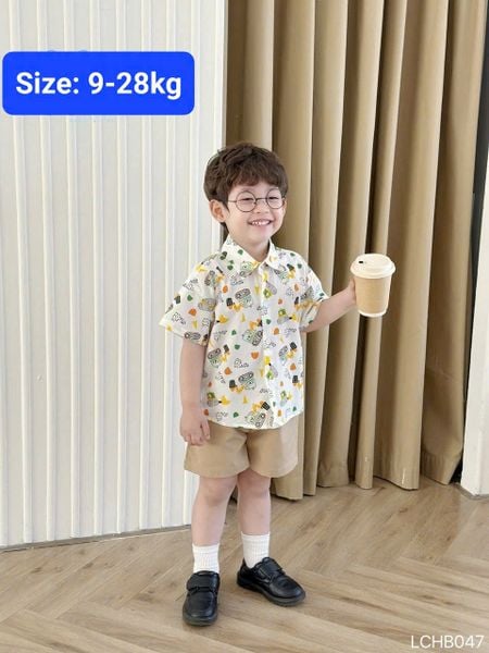  S44 _ Set sơ mi bé trai họa tiết xe phối quần kaki ngắn mềm mại _ Beekids 