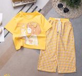  S49 - Set bé gái quần dài ống suông caro phối áo thun họa tiết mèo xinh xắn _ Beekids 