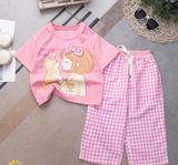 S49 - Set bé gái quần dài ống suông caro phối áo thun họa tiết mèo xinh xắn _ Beekids 