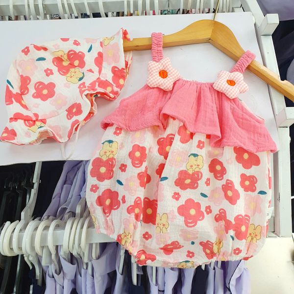  S51 _ Bộ bodysuit cho bé gái áo 2 dây in hoa kèm mũ xinh xắn _ Beekids 